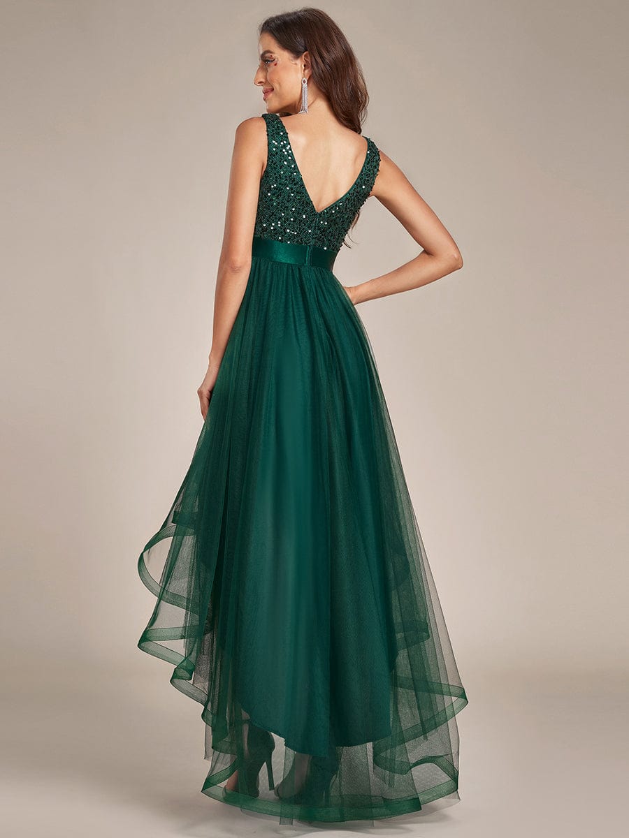 Evening Elegance: Sleeveless Sparkling Dress with Deep V Neck & Asymmetrical Hem - Image 2