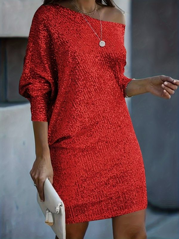 Sparkling V Neck Sequin Long Sleeve Party Mini Dress - Image 4