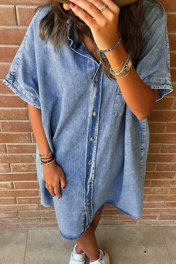 Denim Shirt Dress with Button Pockets - Image 7