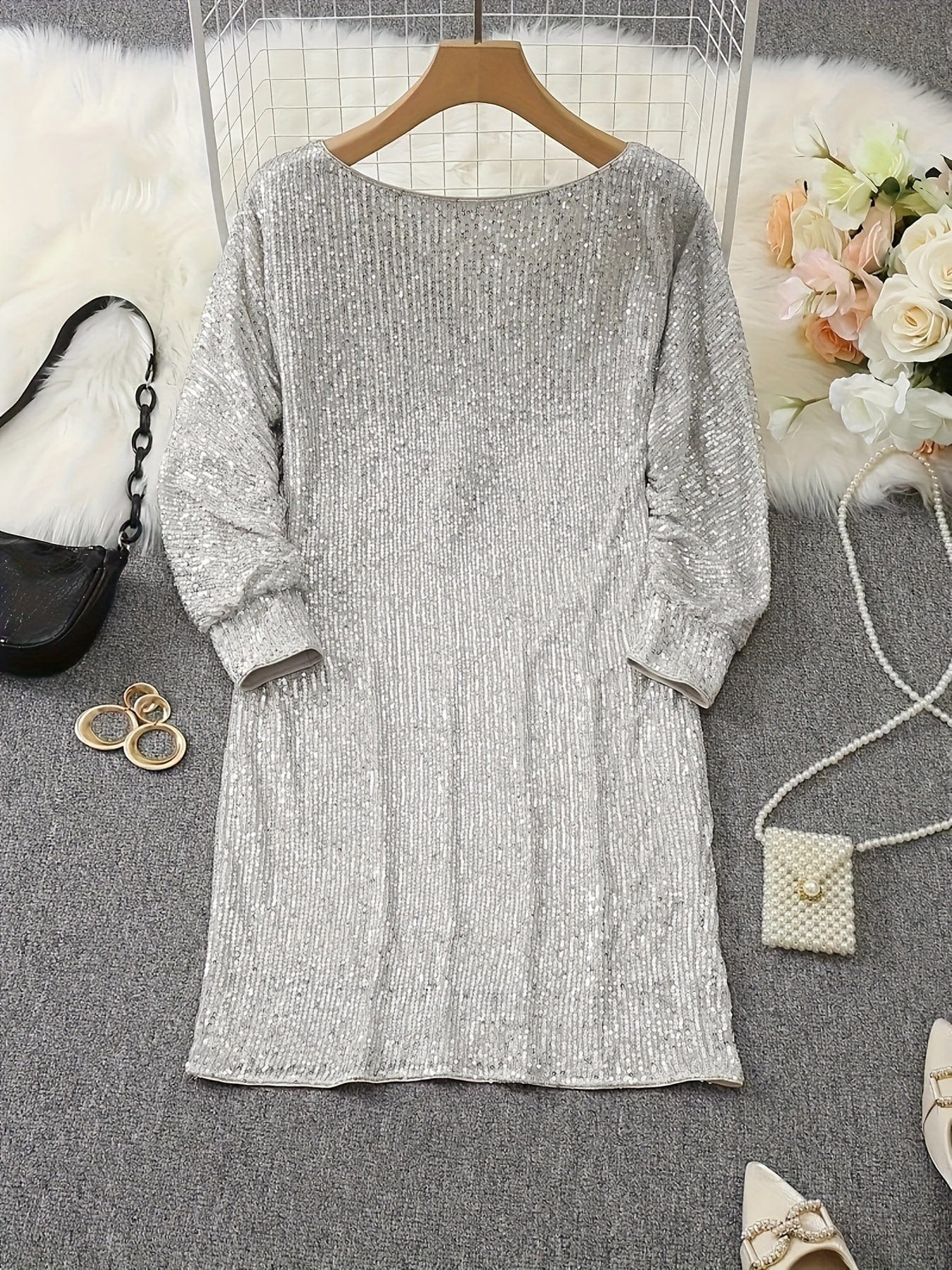 Sparkling V Neck Sequin Long Sleeve Party Mini Dress - Image 6