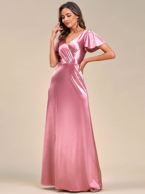 Floor-Length A-Line V-Neck Satin Evening Dress with Ruffled Sleeves - Image 4