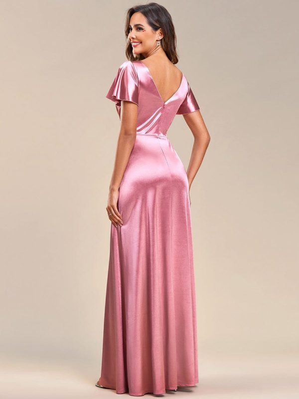 Floor-Length A-Line V-Neck Satin Evening Dress with Ruffled Sleeves - Image 2