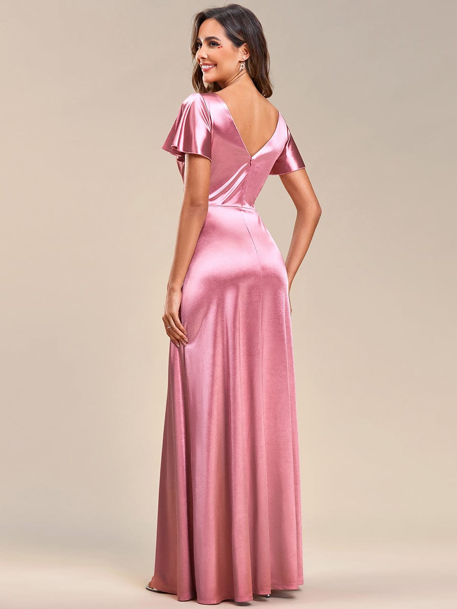 Floor-Length A-Line V-Neck Satin Evening Dress with Ruffled Sleeves - Image 2