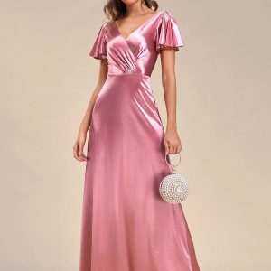 Floor-Length A-Line V-Neck Satin Evening Dress with Ruffled Sleeves