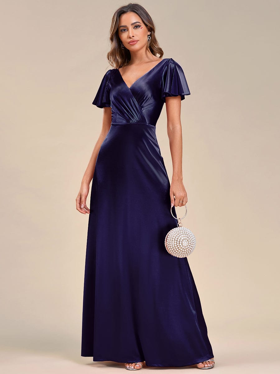 Floor-Length A-Line V-Neck Satin Evening Dress with Ruffled Sleeves - Image 6