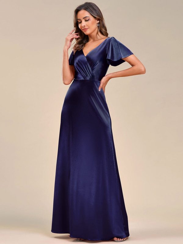 Floor-Length A-Line V-Neck Satin Evening Dress with Ruffled Sleeves - Image 9