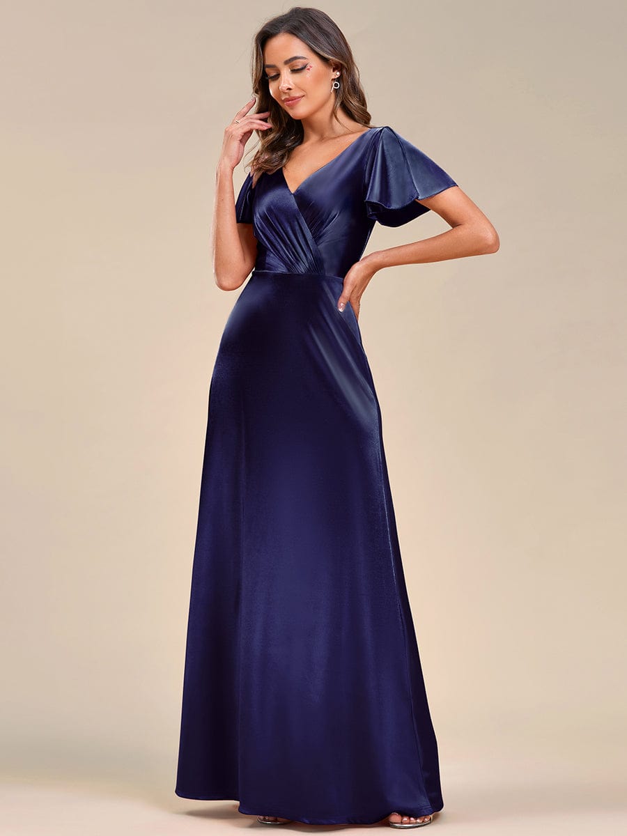 Floor-Length A-Line V-Neck Satin Evening Dress with Ruffled Sleeves - Image 9