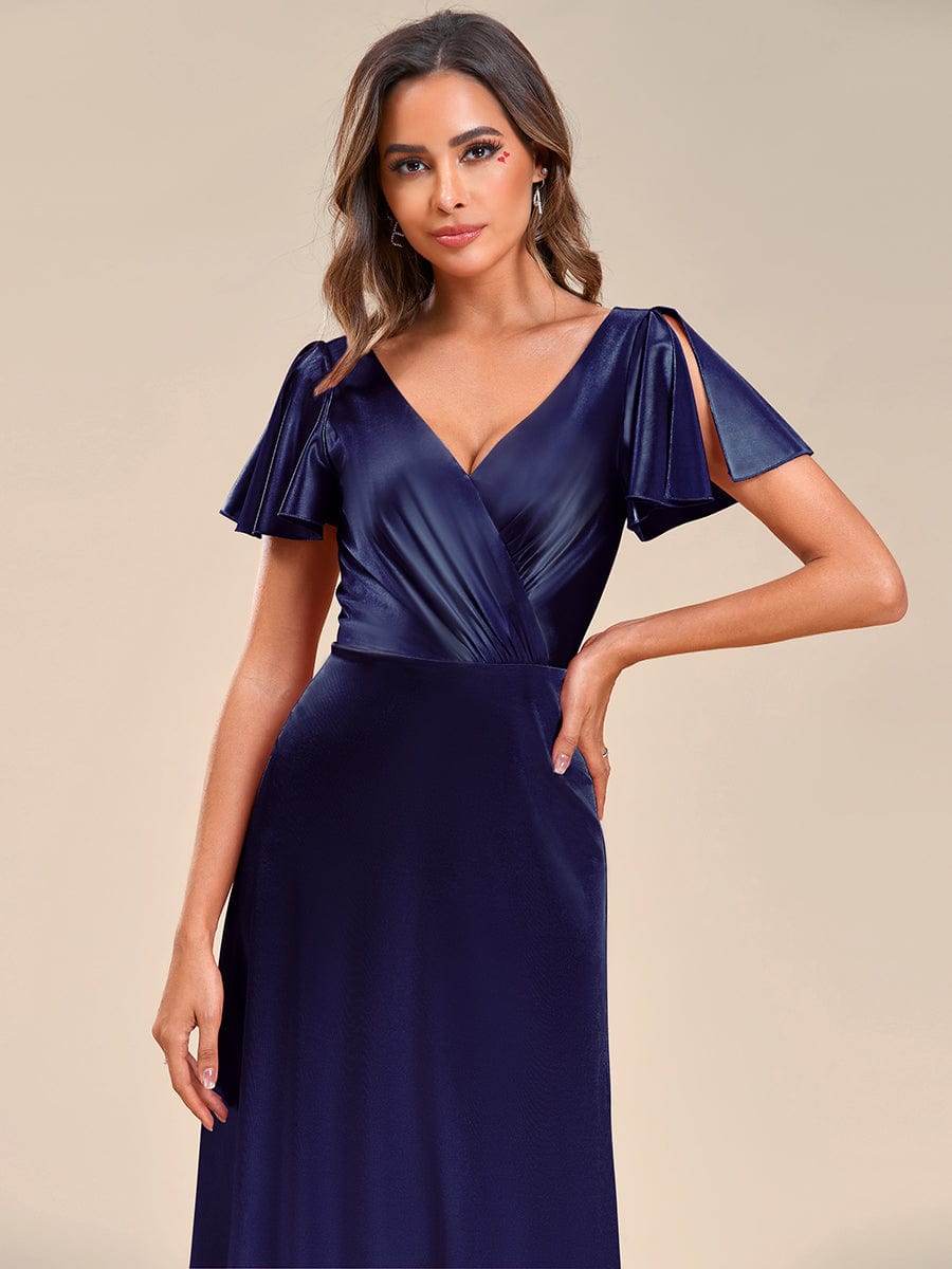 Floor-Length A-Line V-Neck Satin Evening Dress with Ruffled Sleeves - Image 10