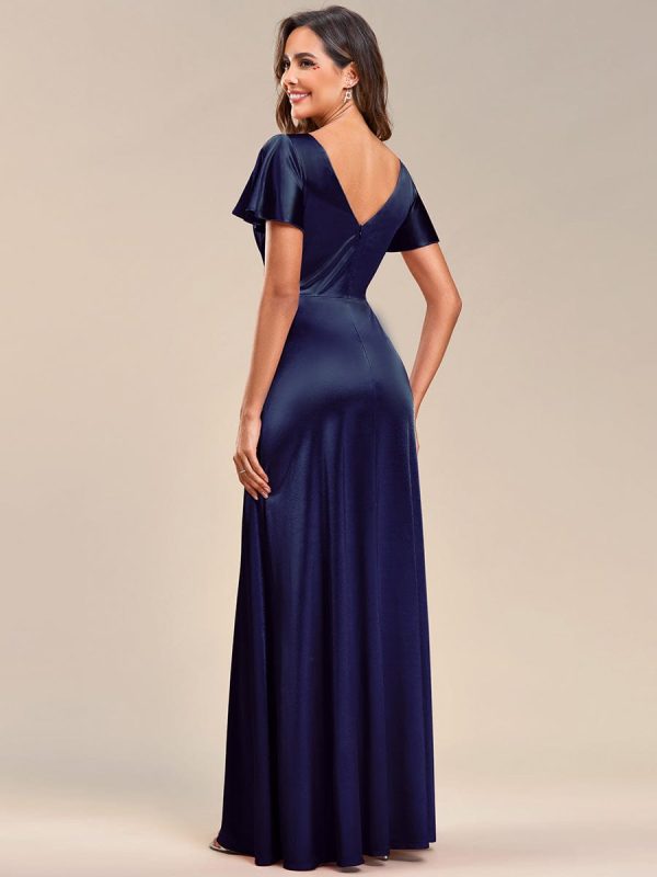 Floor-Length A-Line V-Neck Satin Evening Dress with Ruffled Sleeves - Image 7