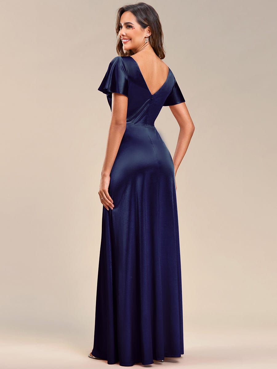 Floor-Length A-Line V-Neck Satin Evening Dress with Ruffled Sleeves - Image 7