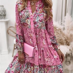 Floral Ruffle Smocked Print V Neck Casual Flare Cuff Sleeve Mini Dress