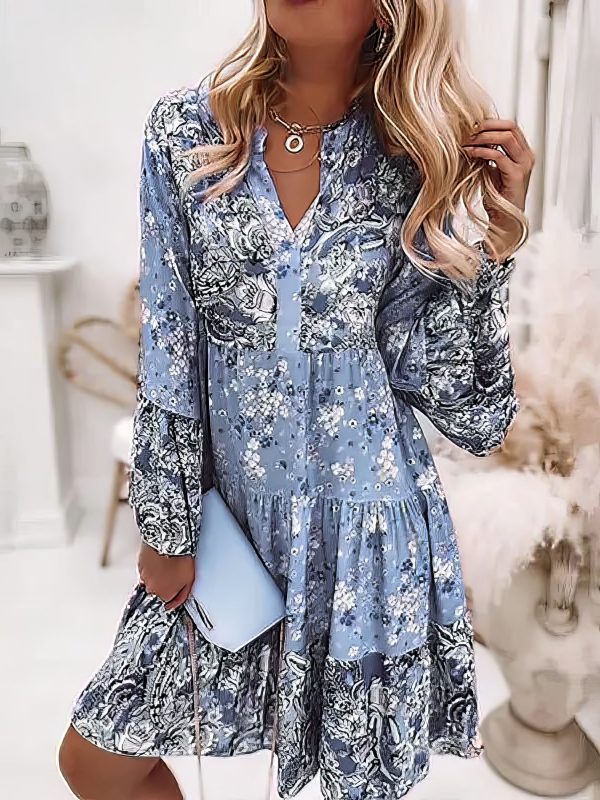Floral Ruffle Smocked Print V Neck Casual Flare Cuff Sleeve Mini Dress - Image 3