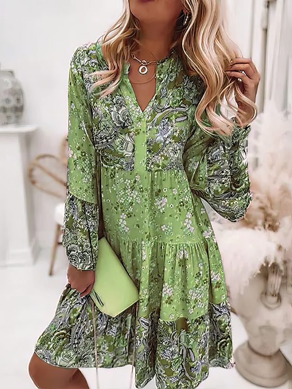 Floral Ruffle Smocked Print V Neck Casual Flare Cuff Sleeve Mini Dress - Image 5