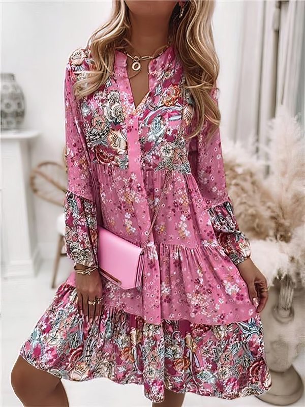 Floral Ruffle Smocked Print V Neck Casual Flare Cuff Sleeve Mini Dress - Image 4