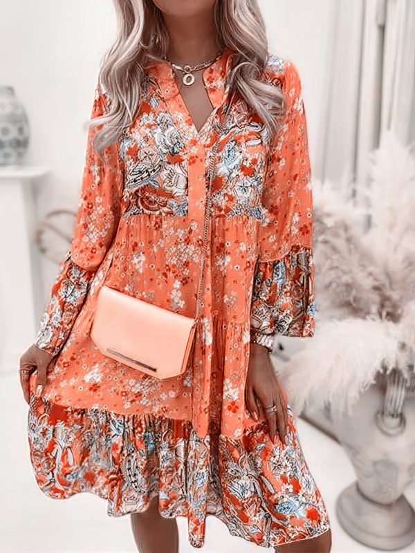 Floral Ruffle Smocked Print V Neck Casual Flare Cuff Sleeve Mini Dress - Image 6