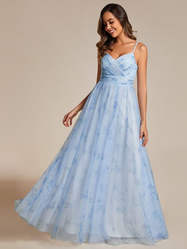 Floral Tulle Spaghetti Strap Dress with V-Neck for Evening Events - Image 2