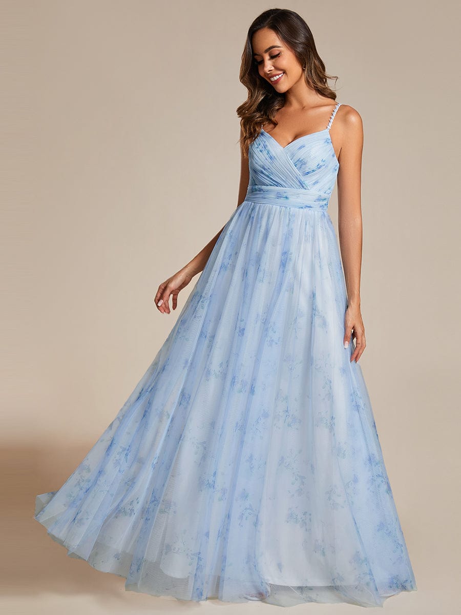 Floral Tulle Spaghetti Strap Dress with V-Neck for Evening Events - Image 2