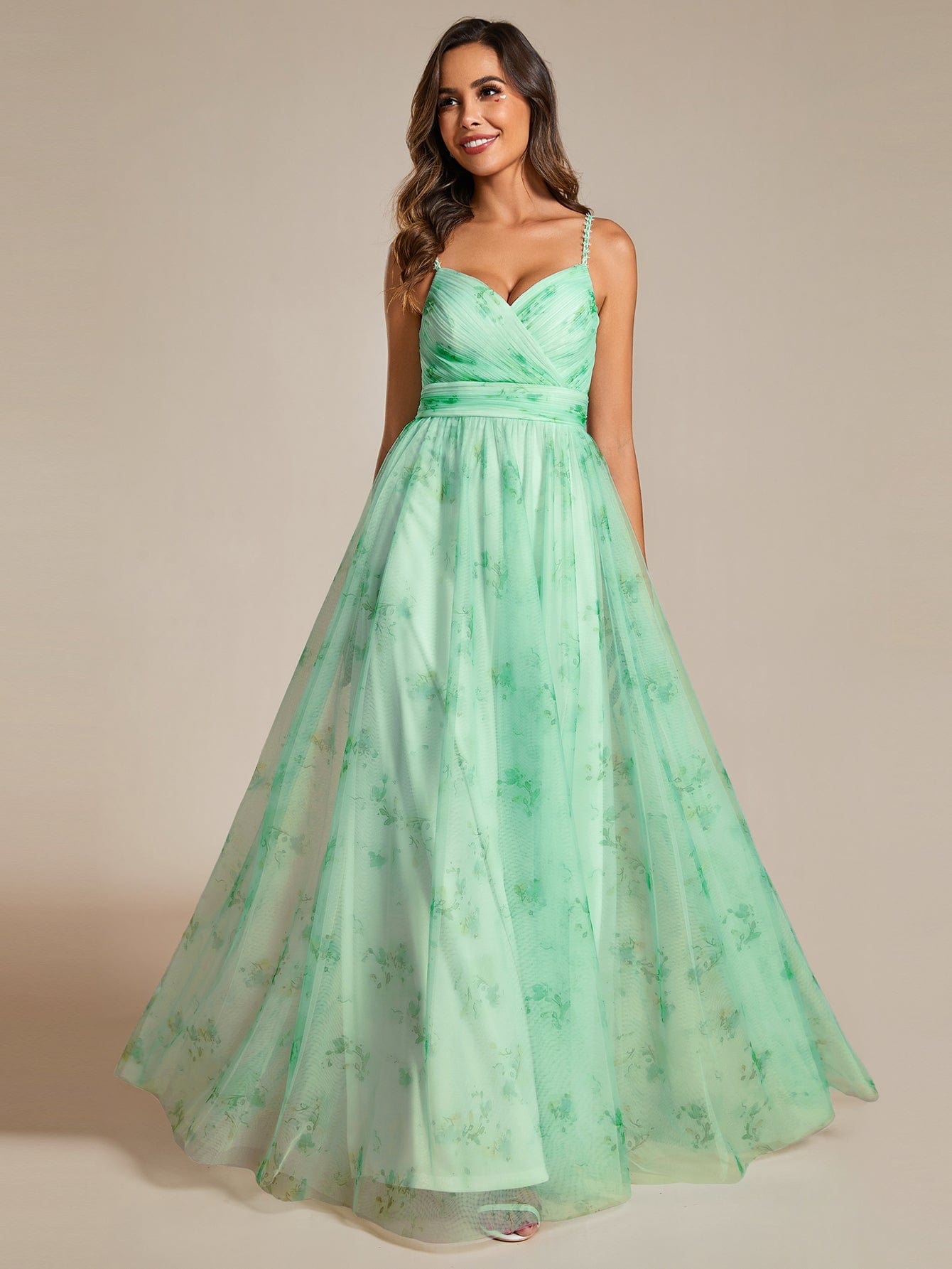 Floral Tulle Spaghetti Strap Dress with V-Neck for Evening Events - Image 10