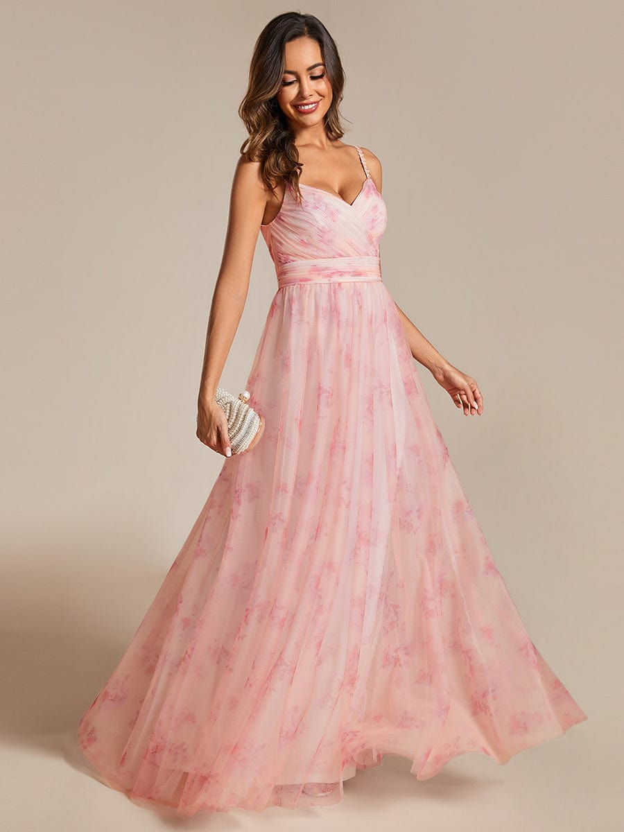 Floral Tulle Spaghetti Strap Dress with V-Neck for Evening Events - Image 13