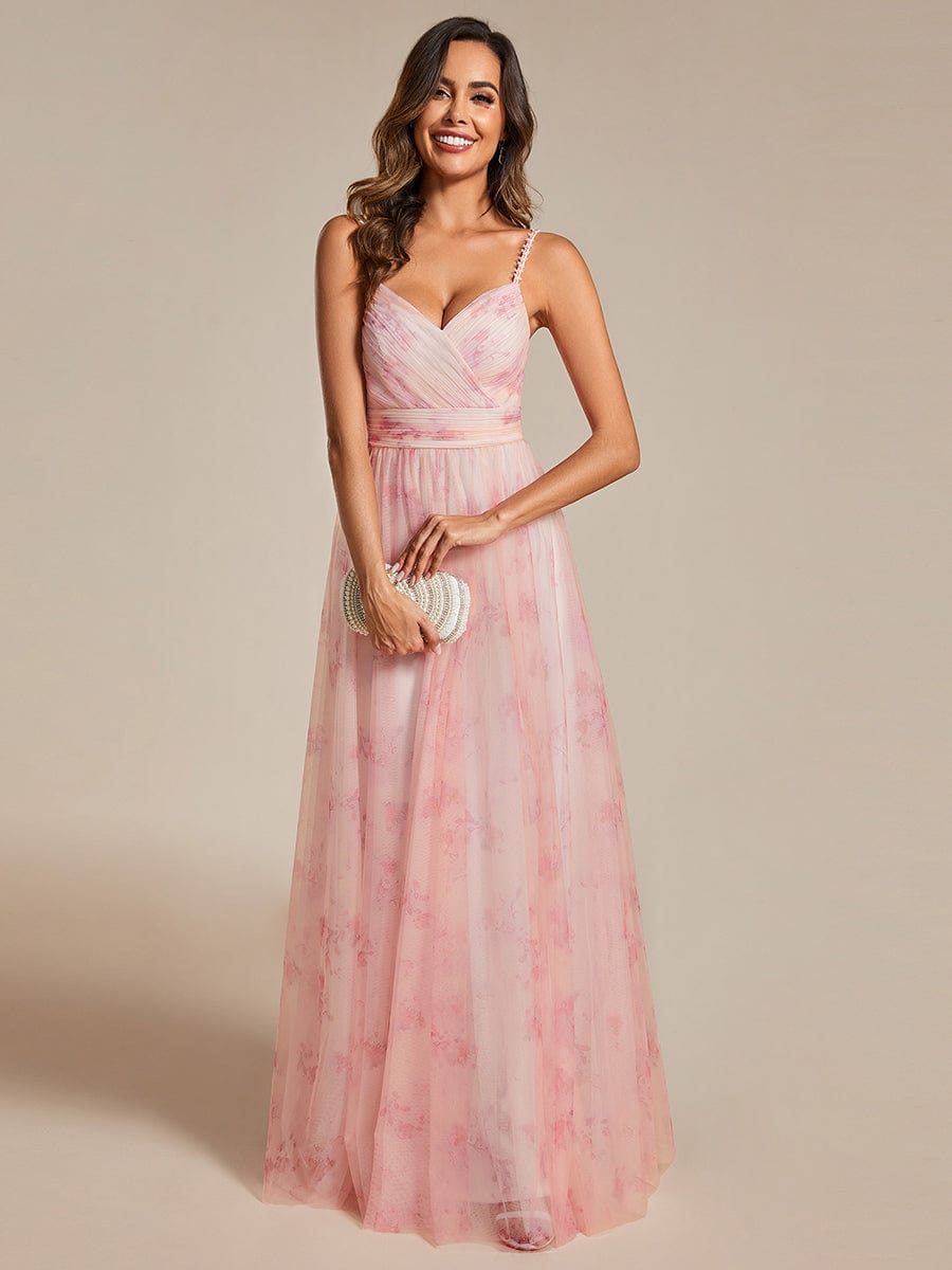 Floral Tulle Spaghetti Strap Dress with V-Neck for Evening Events - Image 15