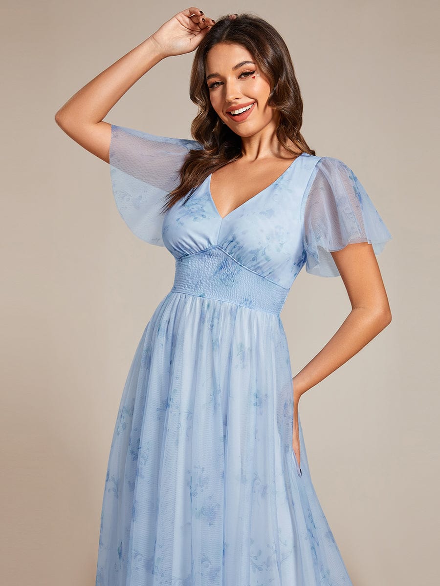 Floral Tulle V-Neck Short Sleeves Wholesale Evening Gown - Image 2
