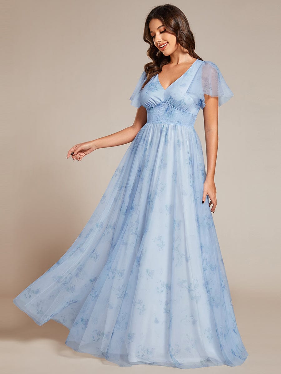 Floral Tulle V-Neck Short Sleeves Wholesale Evening Gown - Image 3