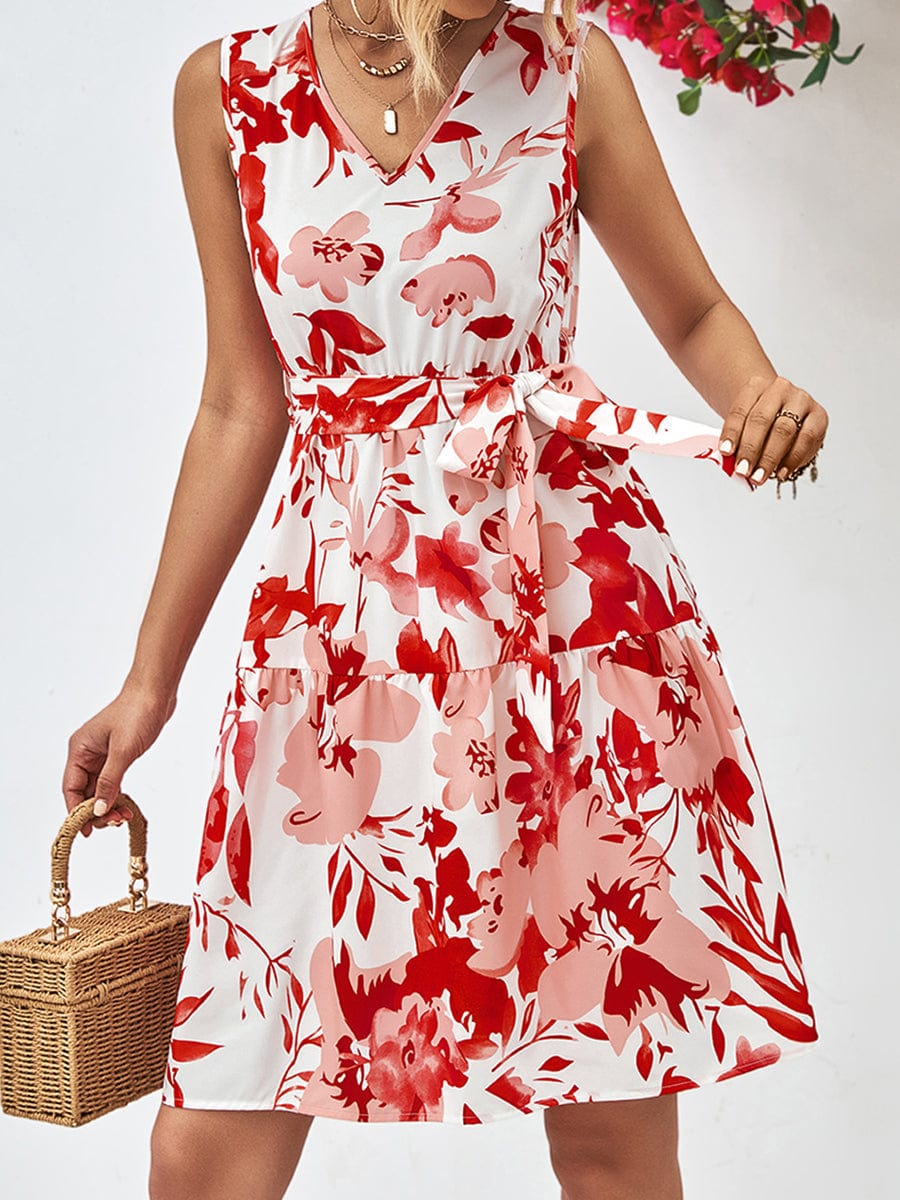 Floral V-Neck Tie Waist Sleeveless Mini Dress - Image 2