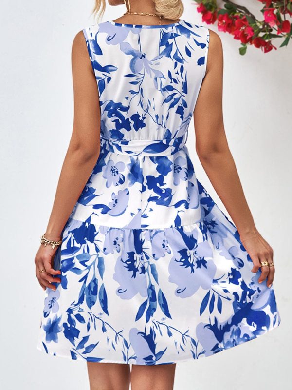 Floral V-Neck Tie Waist Sleeveless Mini Dress - Image 3