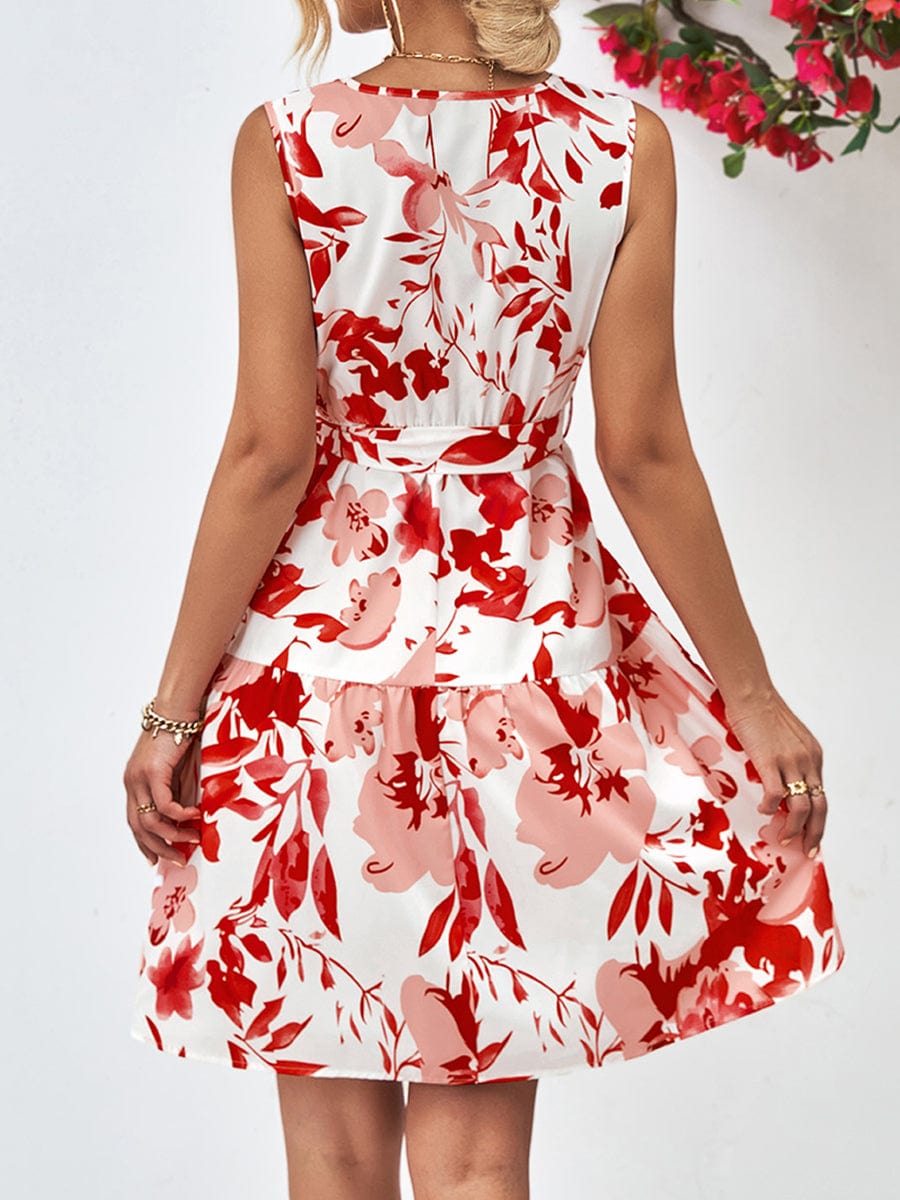 Floral V-Neck Tie Waist Sleeveless Mini Dress - Image 4