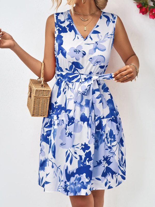 Floral V-Neck Tie Waist Sleeveless Mini Dress - Image 5