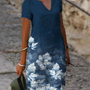 Flower Print Short Sleeve V-neck Dress