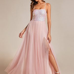 Glamorous Sequin and Tulle Spaghetti Strap Bridesmaid Gown with Thigh-High Slit