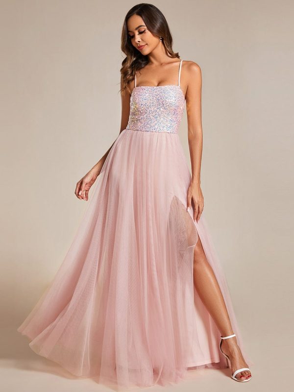 Glamorous Sequin and Tulle Spaghetti Strap Bridesmaid Gown with Thigh-High Slit