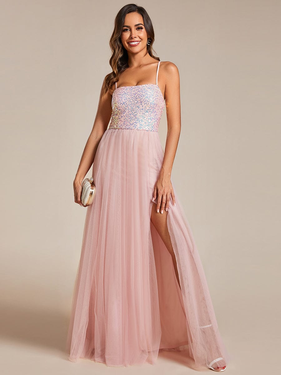 Glamorous Sequin and Tulle Spaghetti Strap Bridesmaid Gown with Thigh-High Slit - Image 2