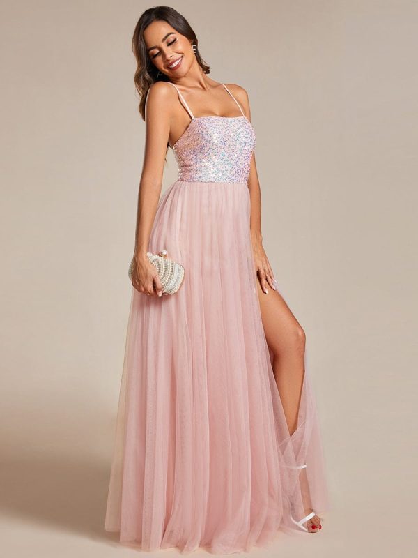 Glamorous Sequin and Tulle Spaghetti Strap Bridesmaid Gown with Thigh-High Slit - Image 3