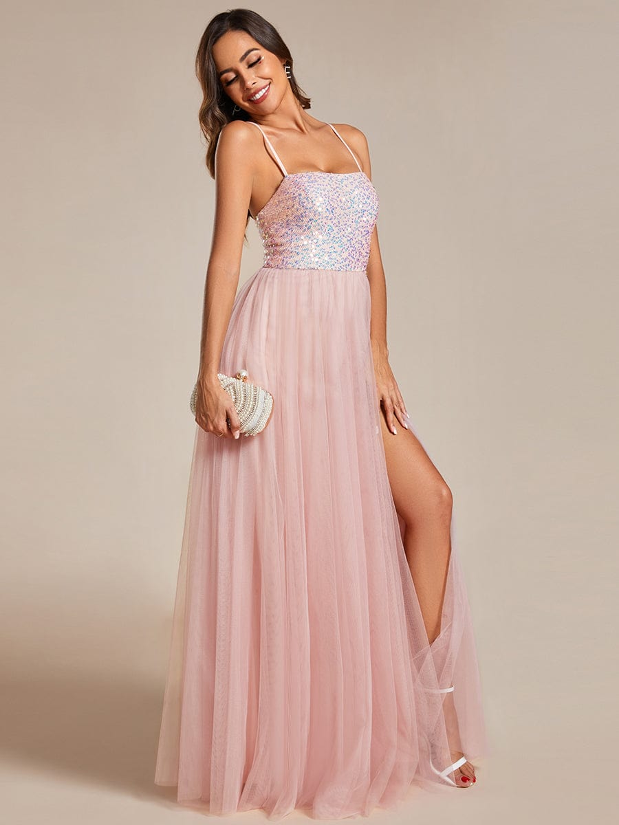 Glamorous Sequin and Tulle Spaghetti Strap Bridesmaid Gown with Thigh-High Slit - Image 3