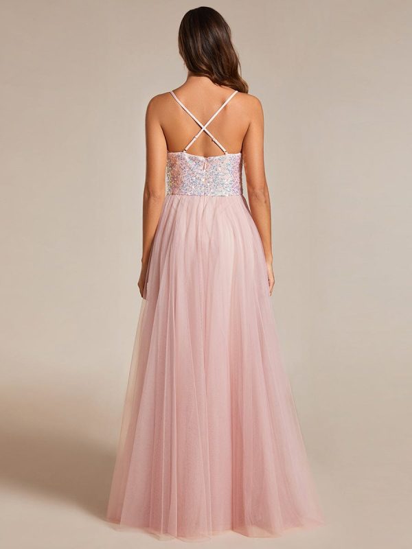 Glamorous Sequin and Tulle Spaghetti Strap Bridesmaid Gown with Thigh-High Slit - Image 5