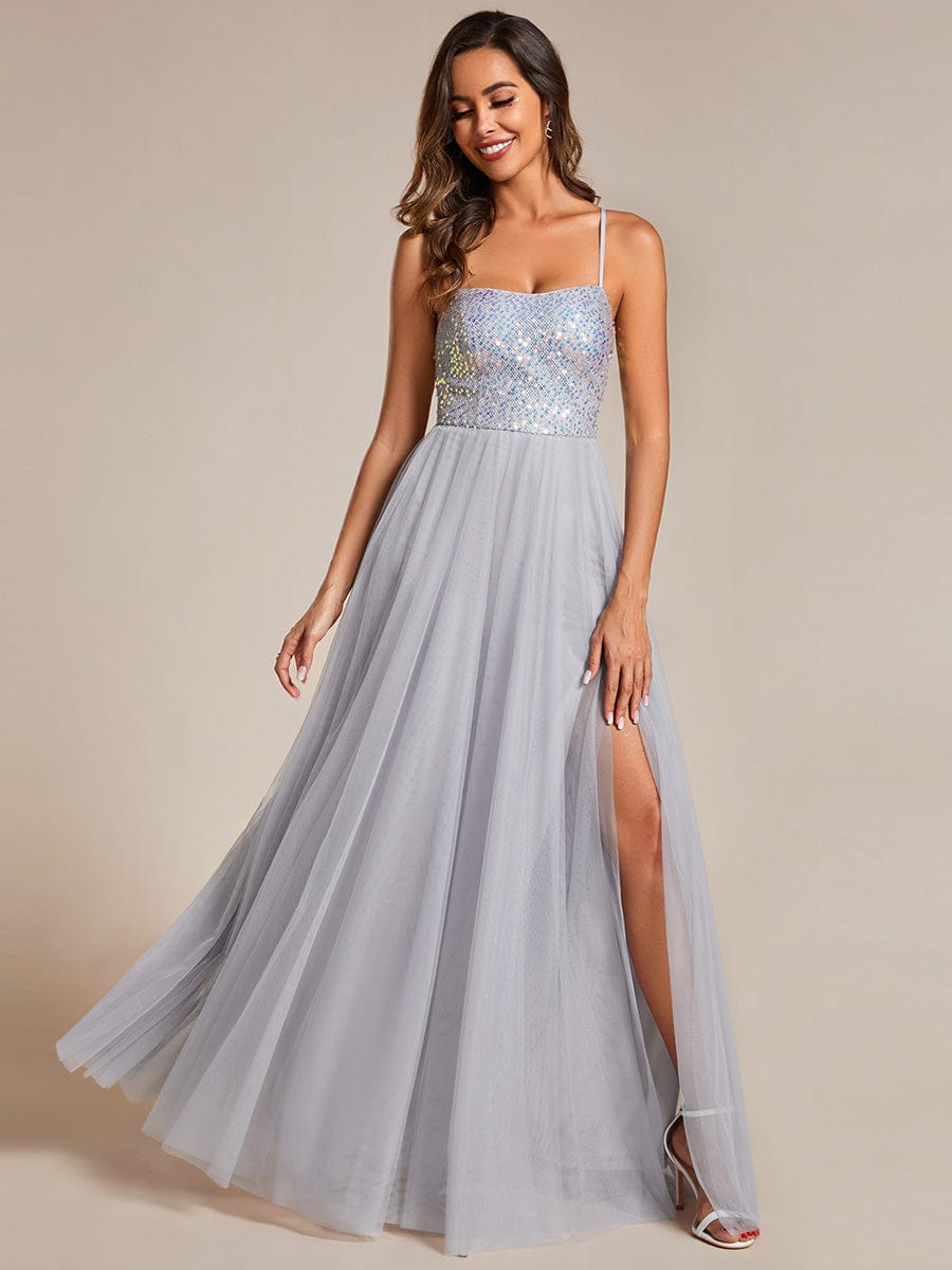 Glamorous Sequin and Tulle Spaghetti Strap Bridesmaid Gown with Thigh-High Slit - Image 6