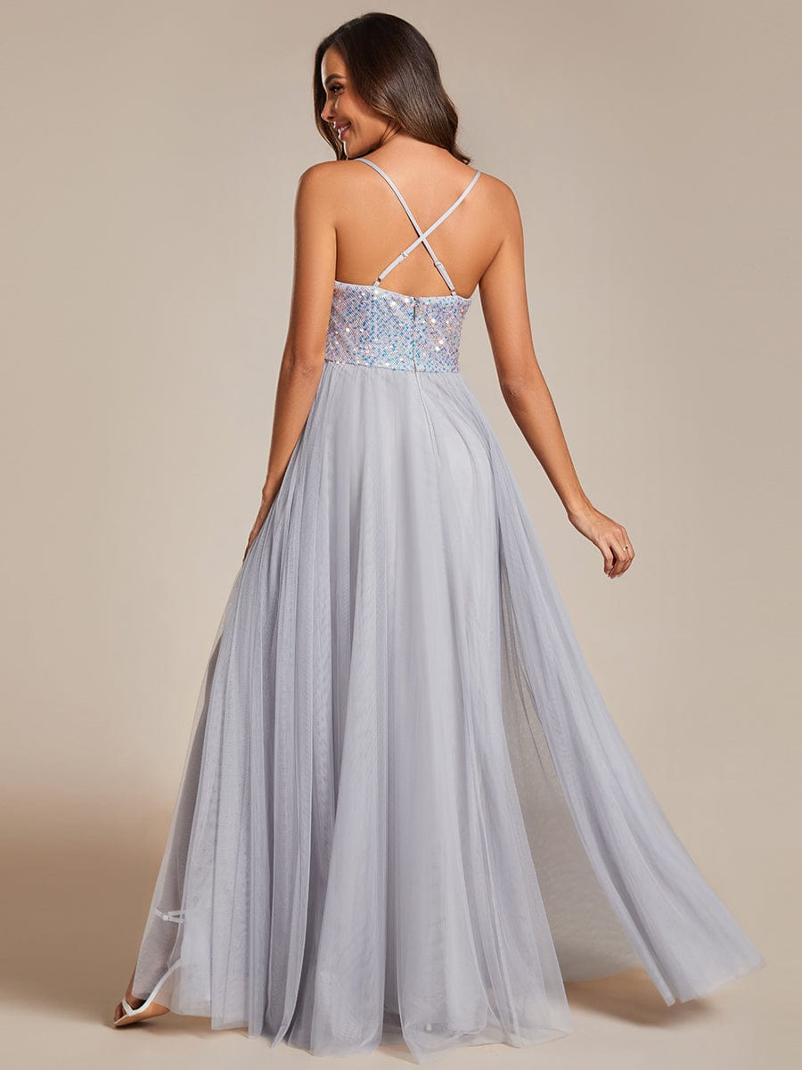 Glamorous Sequin and Tulle Spaghetti Strap Bridesmaid Gown with Thigh-High Slit - Image 7