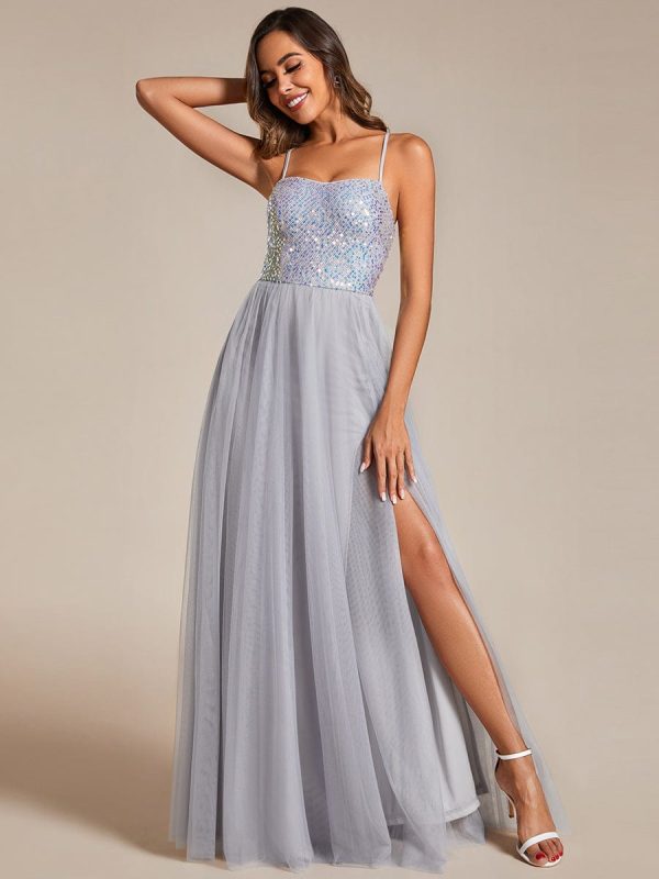 Glamorous Sequin and Tulle Spaghetti Strap Bridesmaid Gown with Thigh-High Slit - Image 9