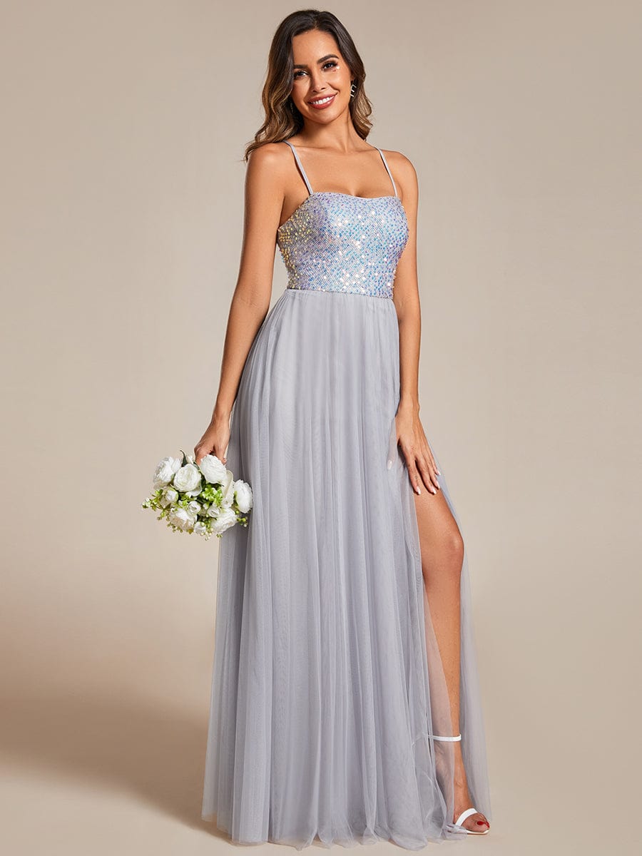 Glamorous Sequin and Tulle Spaghetti Strap Bridesmaid Gown with Thigh-High Slit - Image 10