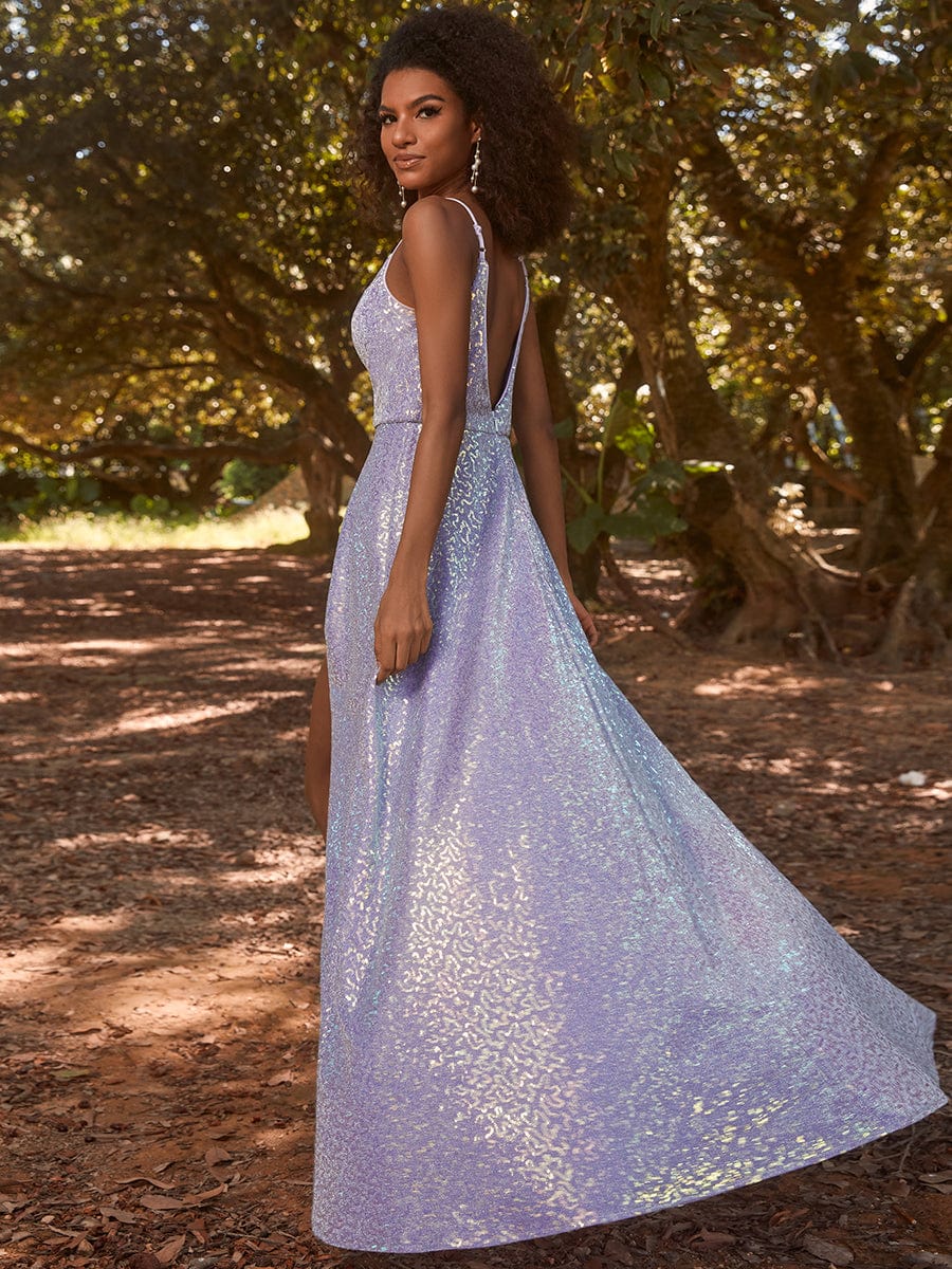 Glamorous Shimmering Split Spaghetti Straps Evening Gowns - Image 3