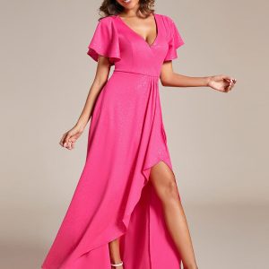 Glamorous V-Neck A-Line Evening Gown with Side Split and Ruffle Sleeves