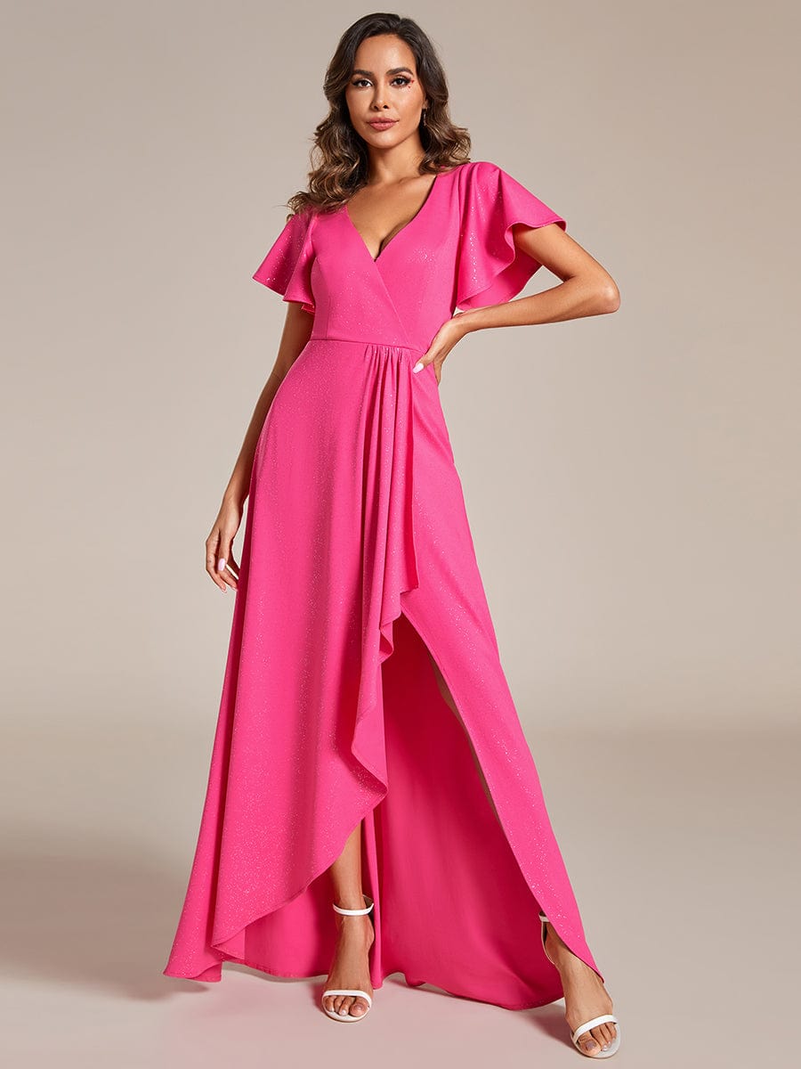 Glamorous V-Neck A-Line Evening Gown with Side Split and Ruffle Sleeves - Image 5