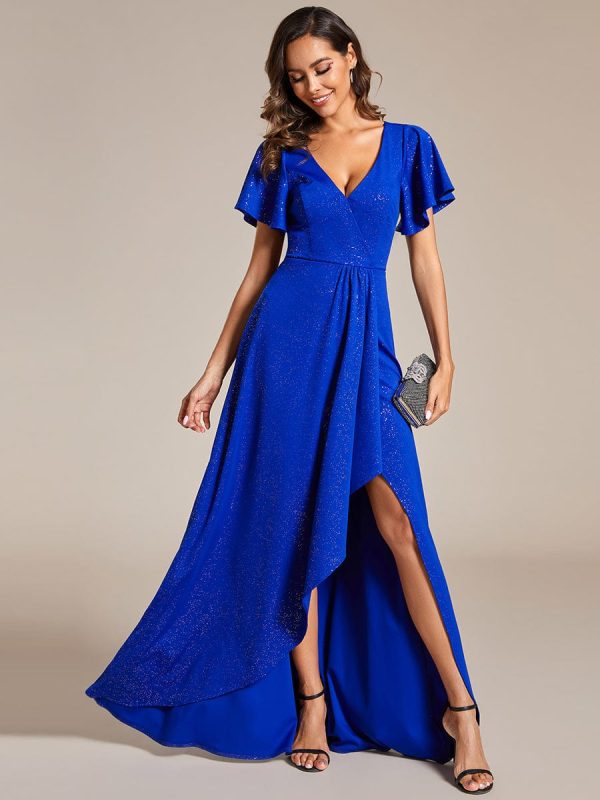 Glamorous V-Neck A-Line Evening Gown with Side Split and Ruffle Sleeves - Image 6