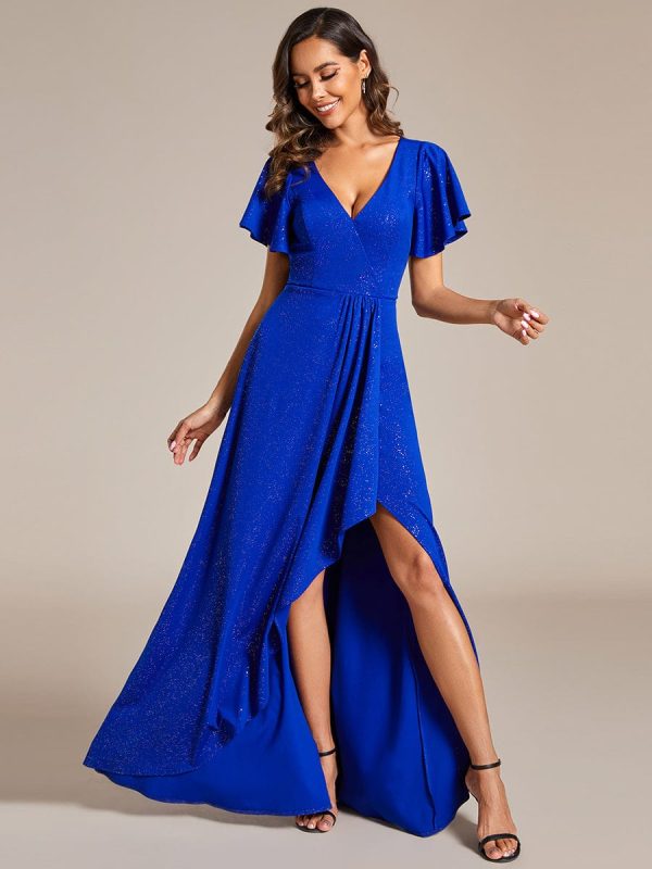Glamorous V-Neck A-Line Evening Gown with Side Split and Ruffle Sleeves - Image 9