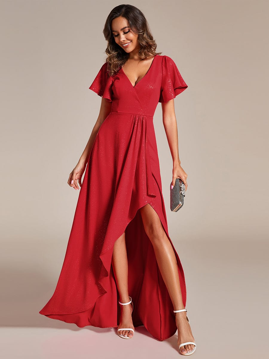 Glamorous V-Neck A-Line Evening Gown with Side Split and Ruffle Sleeves - Image 16