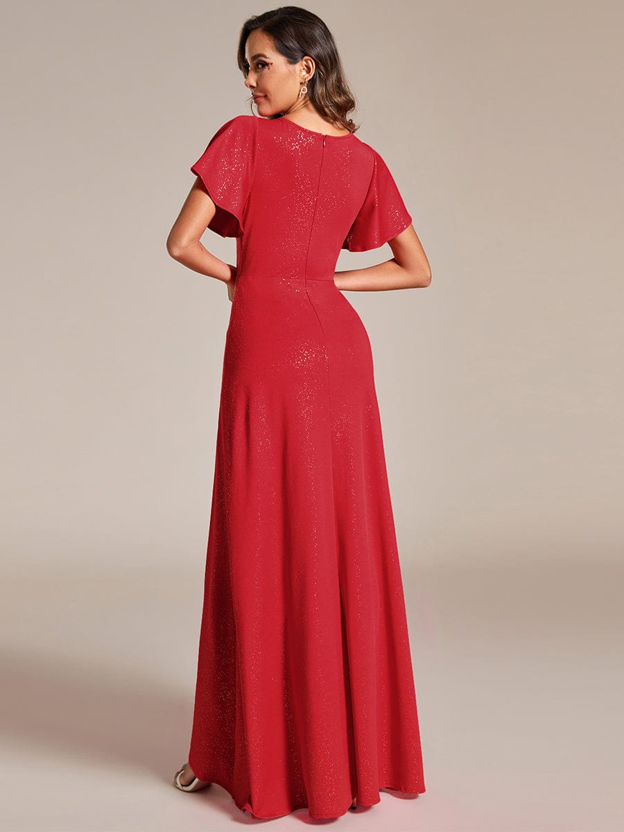 Glamorous V-Neck A-Line Evening Gown with Side Split and Ruffle Sleeves - Image 19