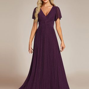 Glittering V Neck Bow Waist Mesh Fabric Evening Gown in Bulk