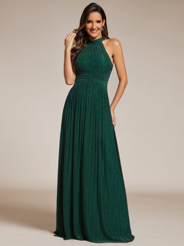Glimmering Halter Neck Pleated Wholesale Evening Gown - Image 6
